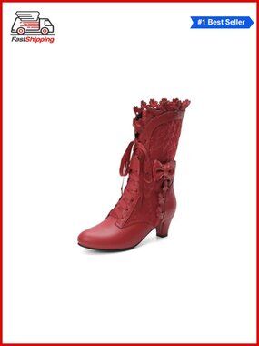 Women Victorian Mid-Calf Lace Up Boots Kitten Heel Faux Leather Cosplay